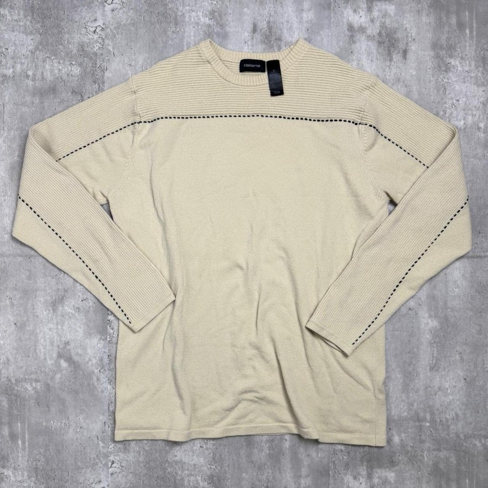 Claiborne Vintage Mens Cream Tan Striped Long Sleeve Knit Shirt Size M